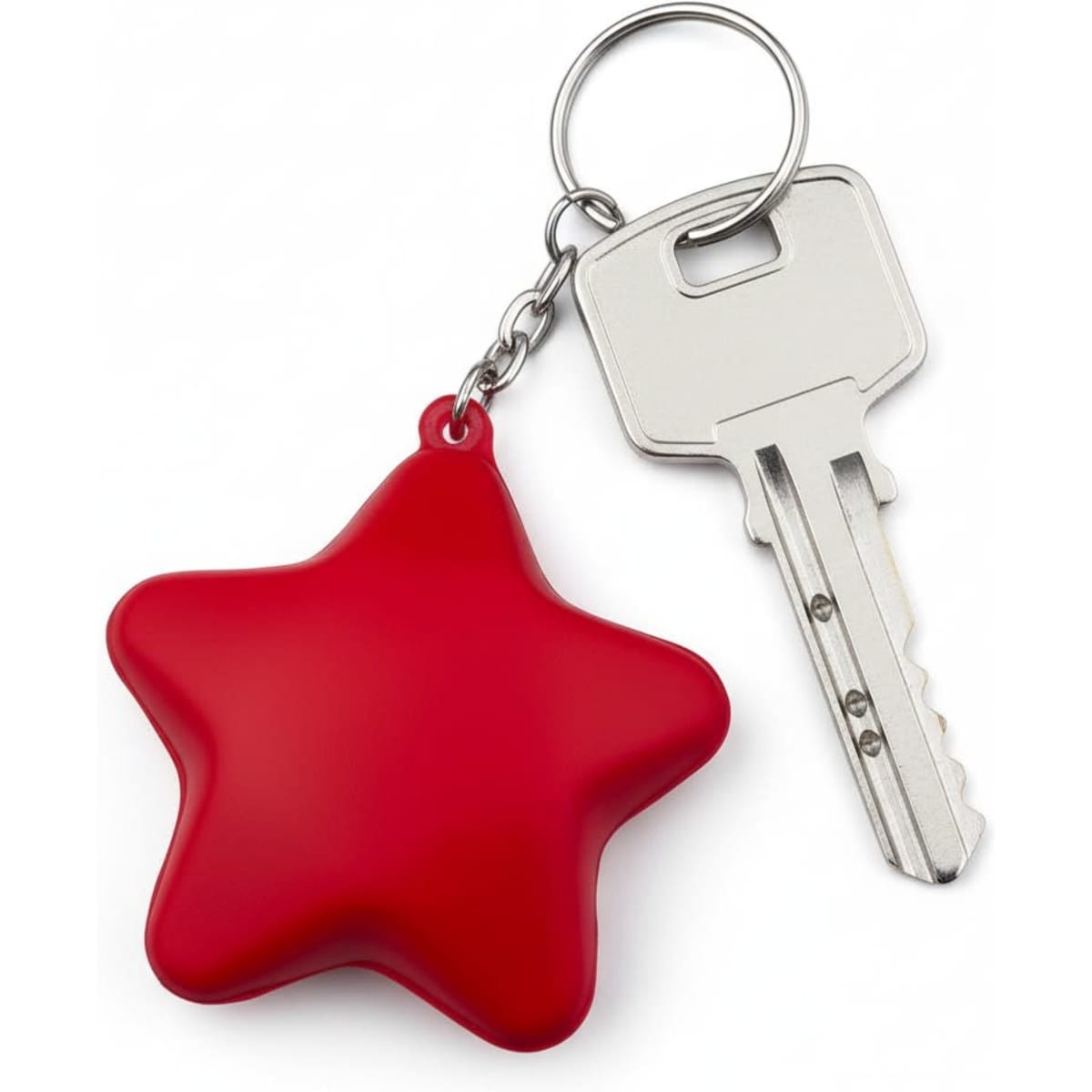 A red star-shaped key ring attached to a silver key, featuring a simple design.