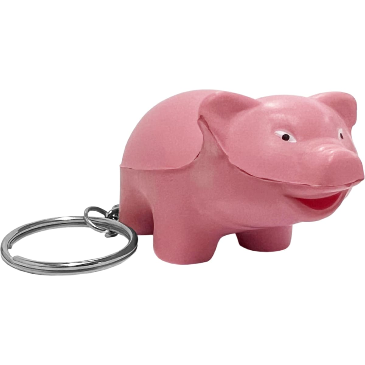 A pink pig-shaped key ring with a shiny metal keychain attachment, featuring a cheerful expression.