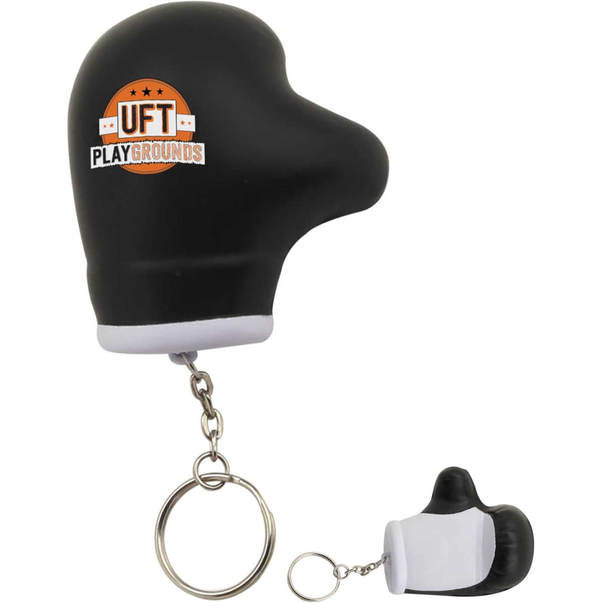 A black stress glove key ring shaped like a boxing glove, featuring a logo, attached to a keychain.