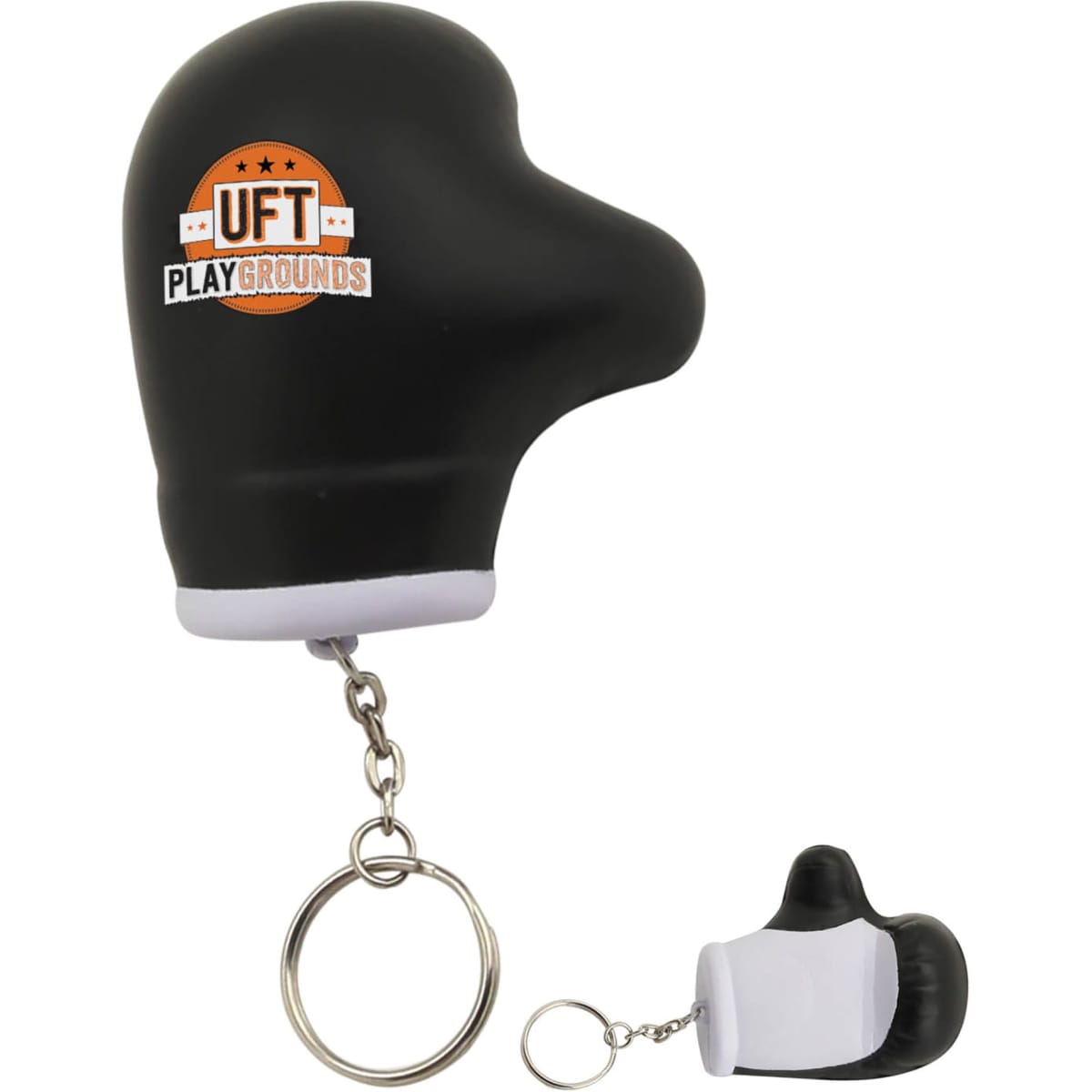 A black stress glove key ring with a white base and a keychain attachment, featuring a logo.