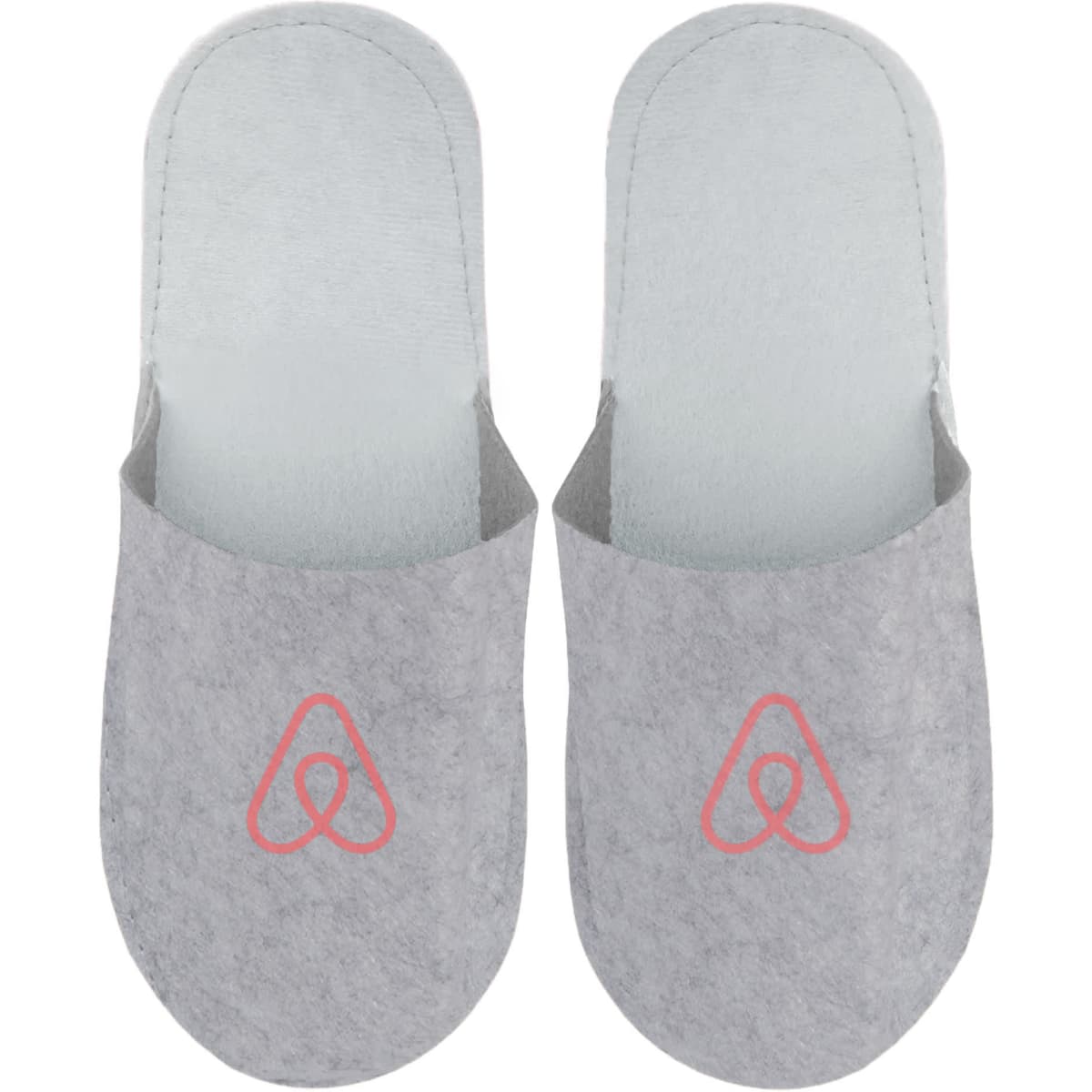 Grey felt slippers featuring a logo on the front, designed for comfort and cosy wear.