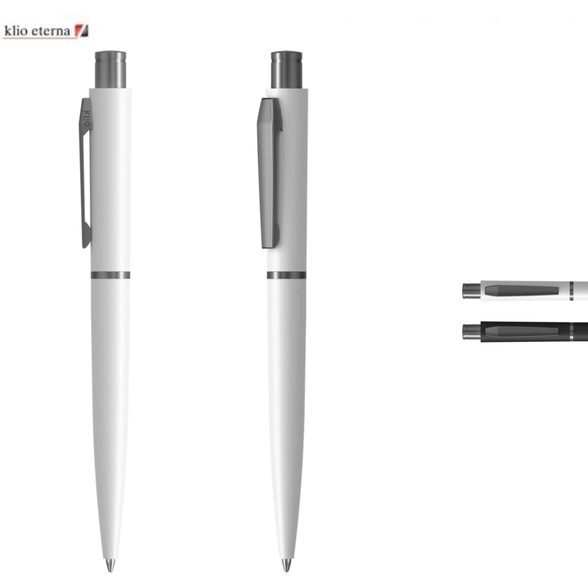 A metal pen in white with a silver clip, featuring a branded logo.