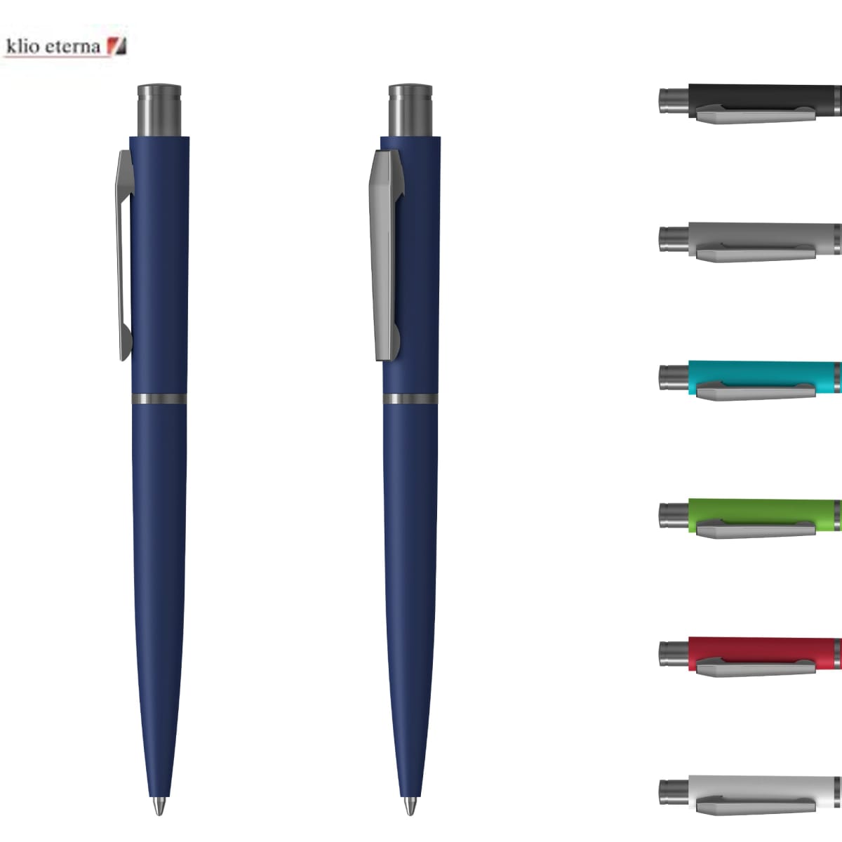 Two navy blue metal pens with a sleek design, featuring a clip and a logo, alongside various coloured options.