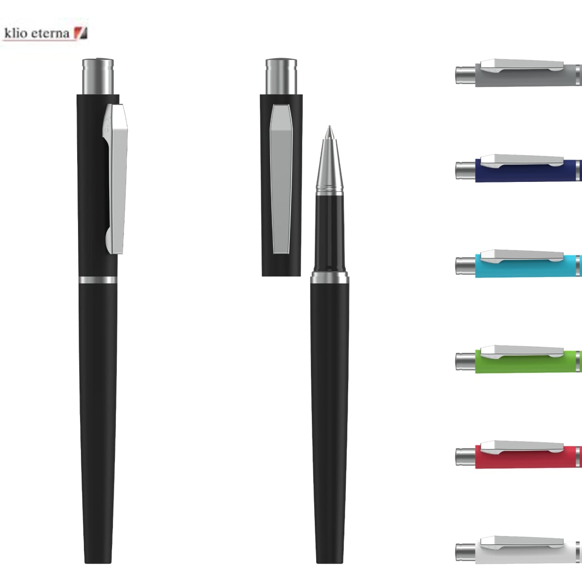 A rollerball soft-touch metal pen in black, alongside various coloured metal pens, on a white background.