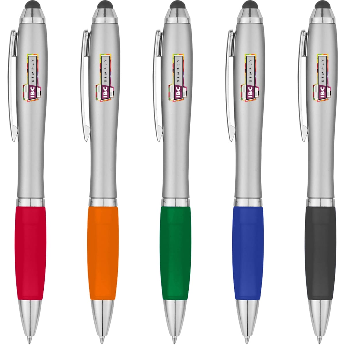 A set of five stylus pens featuring silver barrels and assorted coloured grips: orange, green, blue, and black.