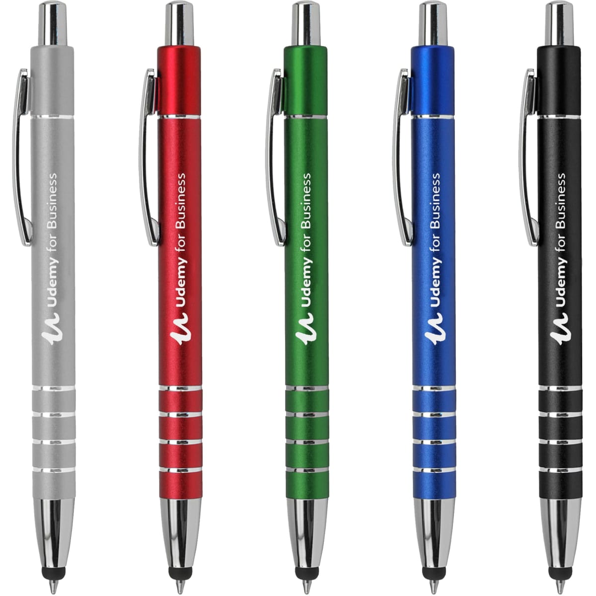 A set of five stylus pens in silver, green, blue, black, and red, featuring a logo on each pen.