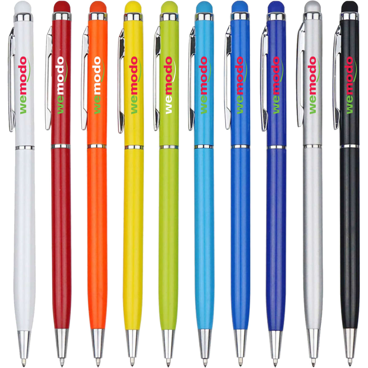 A collection of stylus pens in various colours, including red, orange, yellow, blue, silver, black, and white, with branding.
