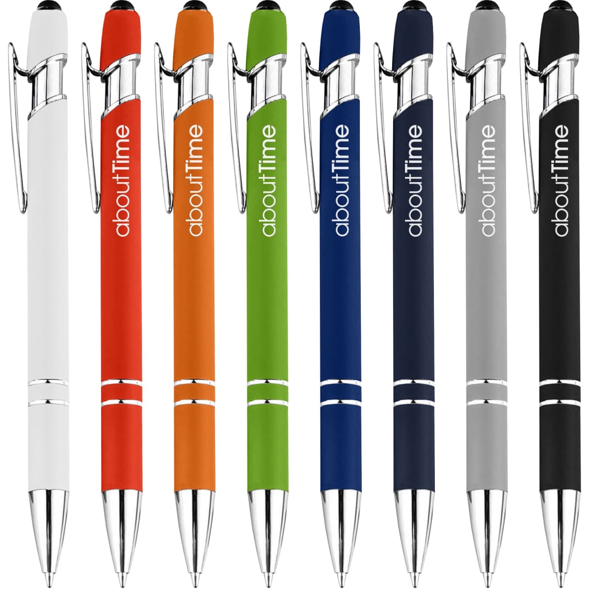 A collection of stylus pens in white, red, orange, green, blue, silver, and black, each featuring a logo.