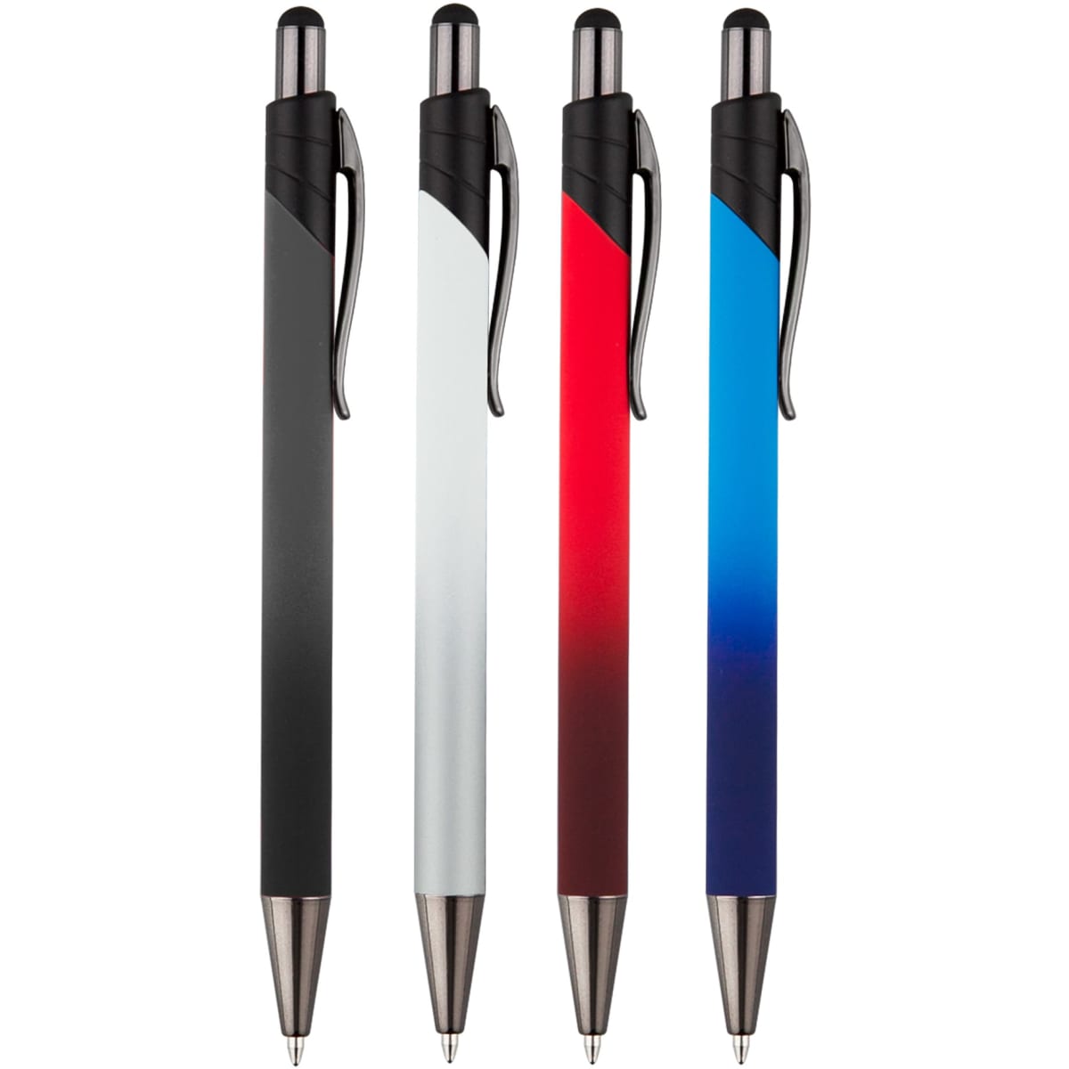 A set of four Volcano Stylus Metal Pens in black, white, red, and blue gradients with metal accents.