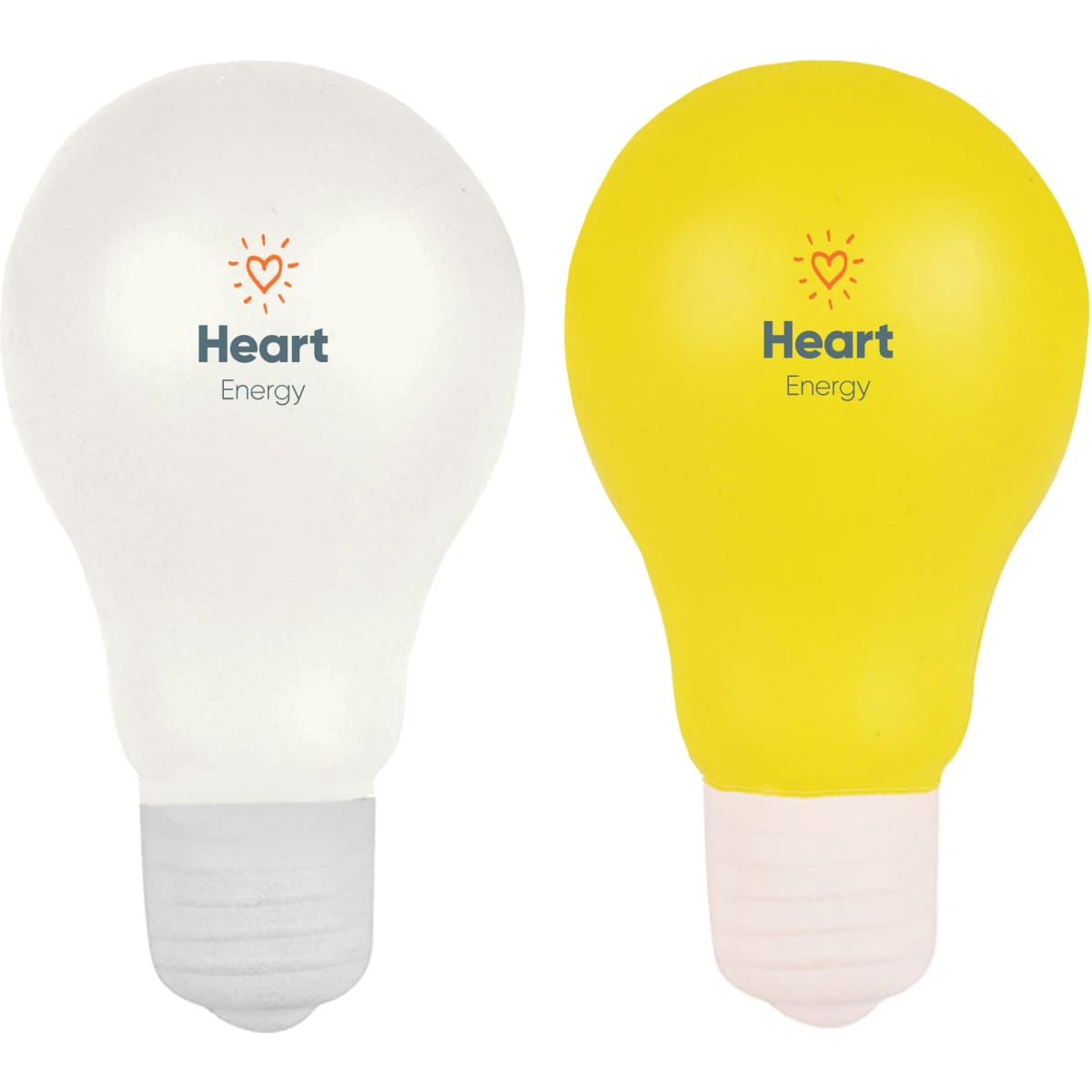 Two stress light bulbs in white and yellow, with a grey and pink base, featuring a logo on each.