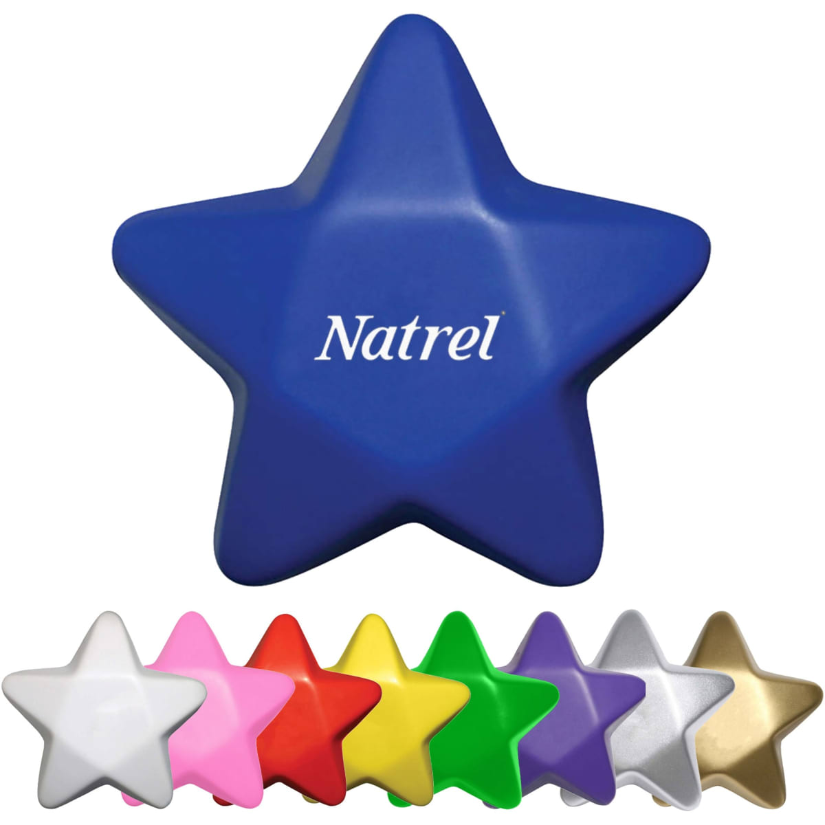 A blue star-shaped stress toy with various smaller star-shaped stress toys in pink, yellow, green, white, purple, gold, and silver.