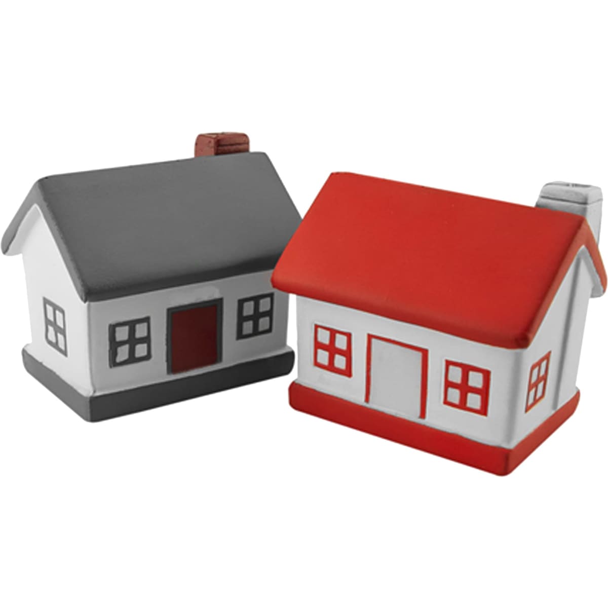 Two stress-shaped houses in red and grey, featuring windows and chimneys, with a simple design and branding.