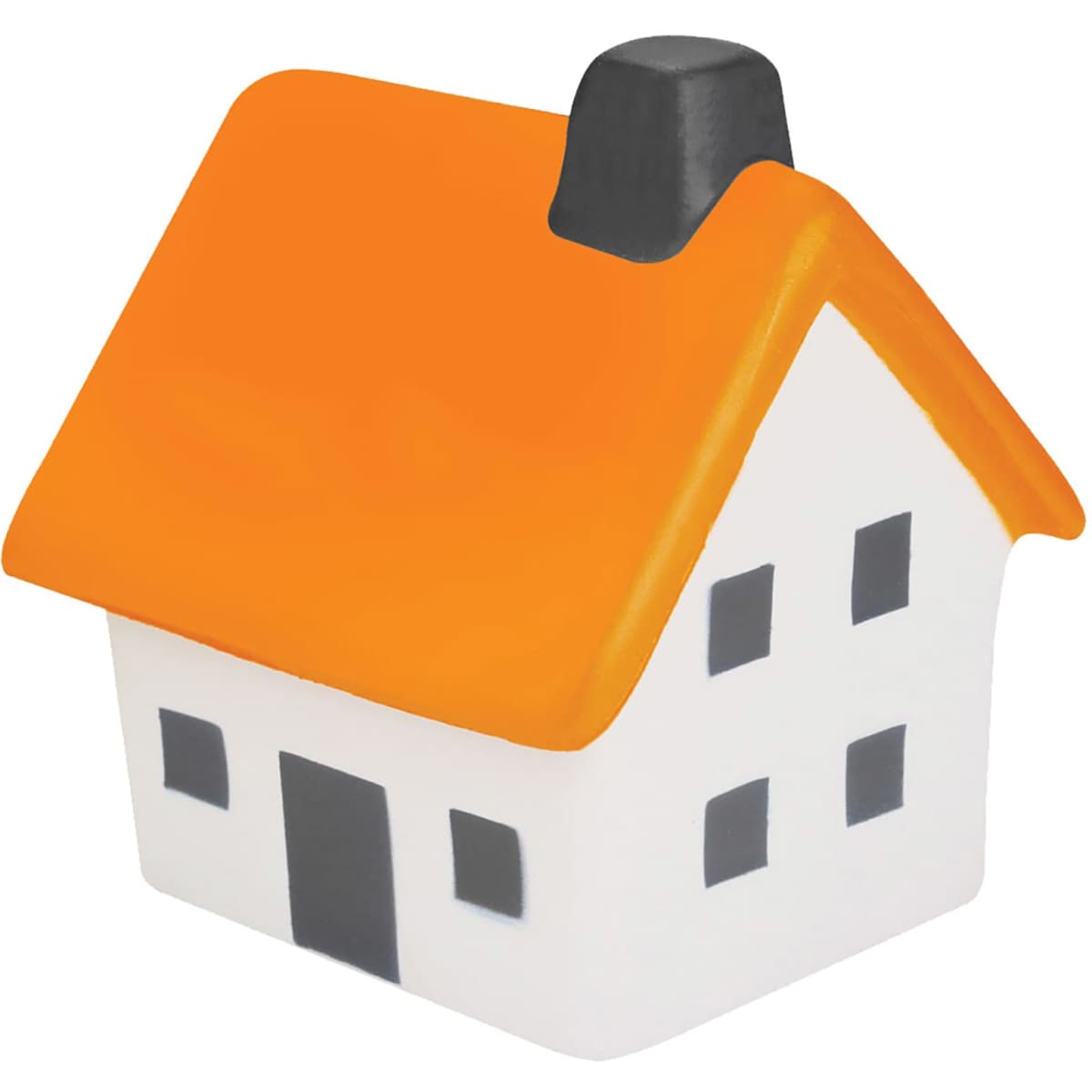 A stress toy shaped like a house with an orange roof and black details, featuring a chimney.