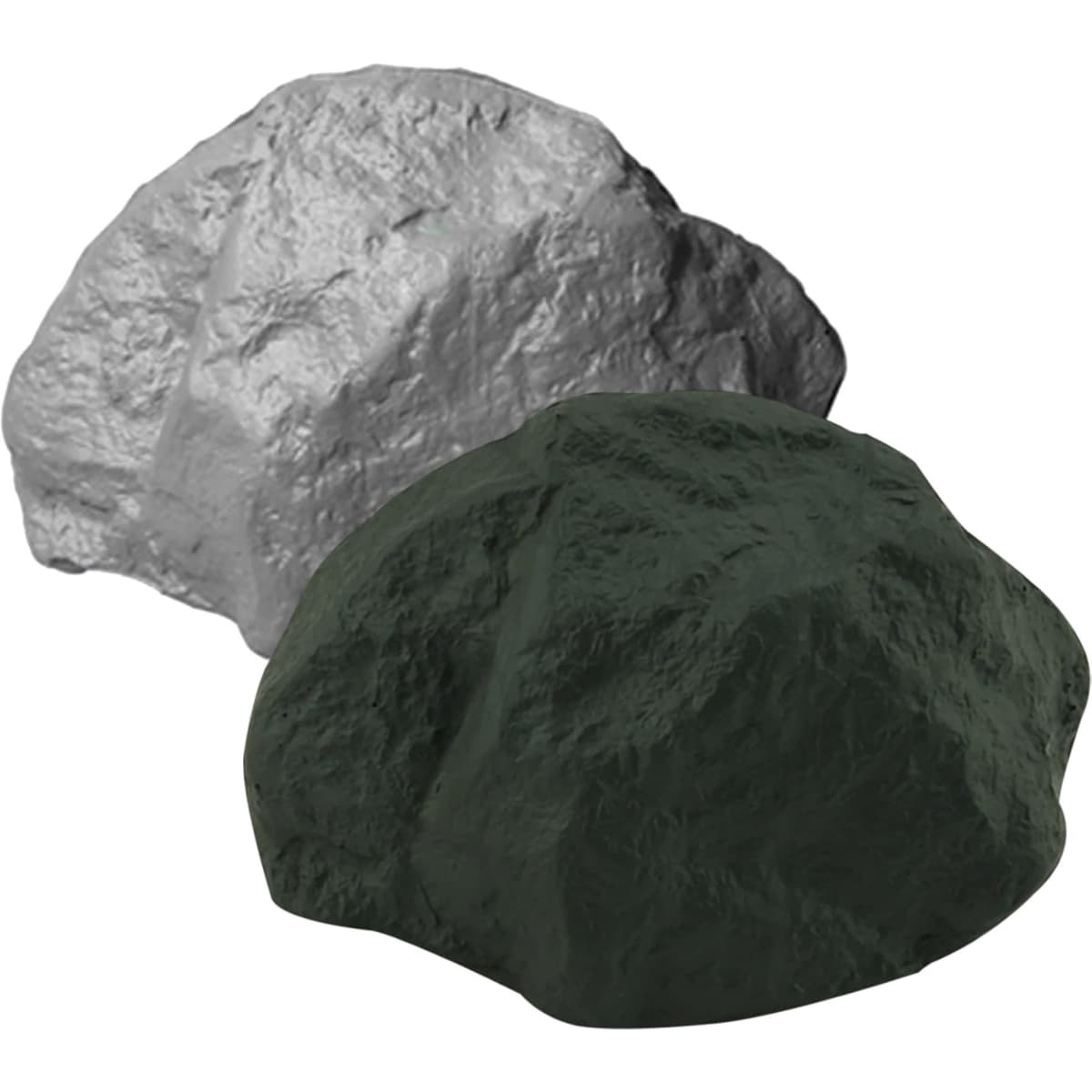 A grey and a dark green stress rock, both with a textured surface, are positioned together. The image features a logo.