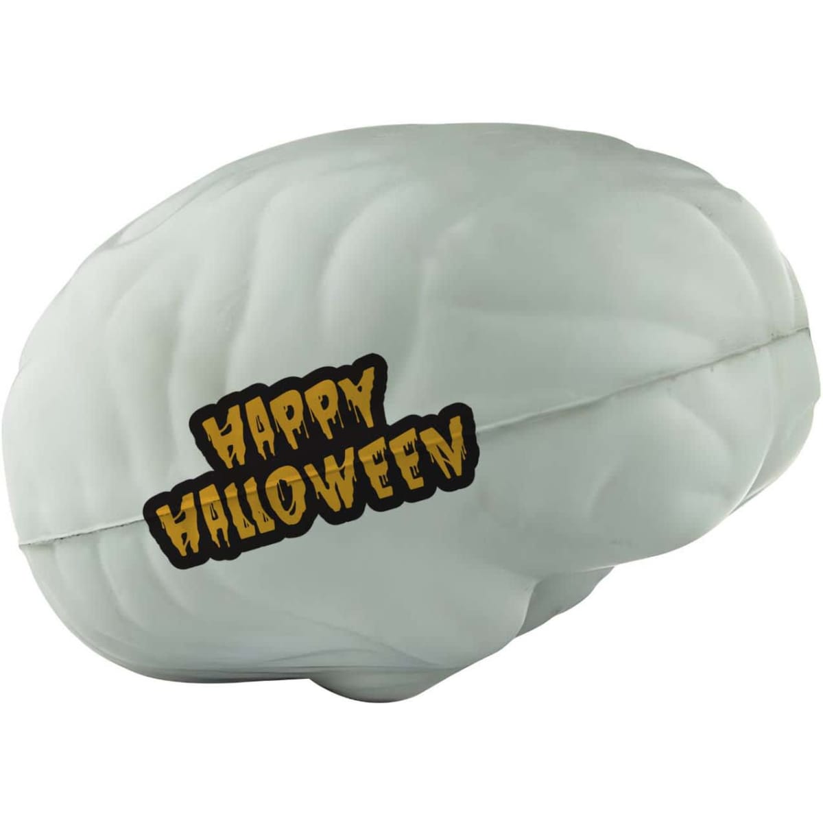 A green stress ball shaped like a brain, featuring a Halloween-themed logo.