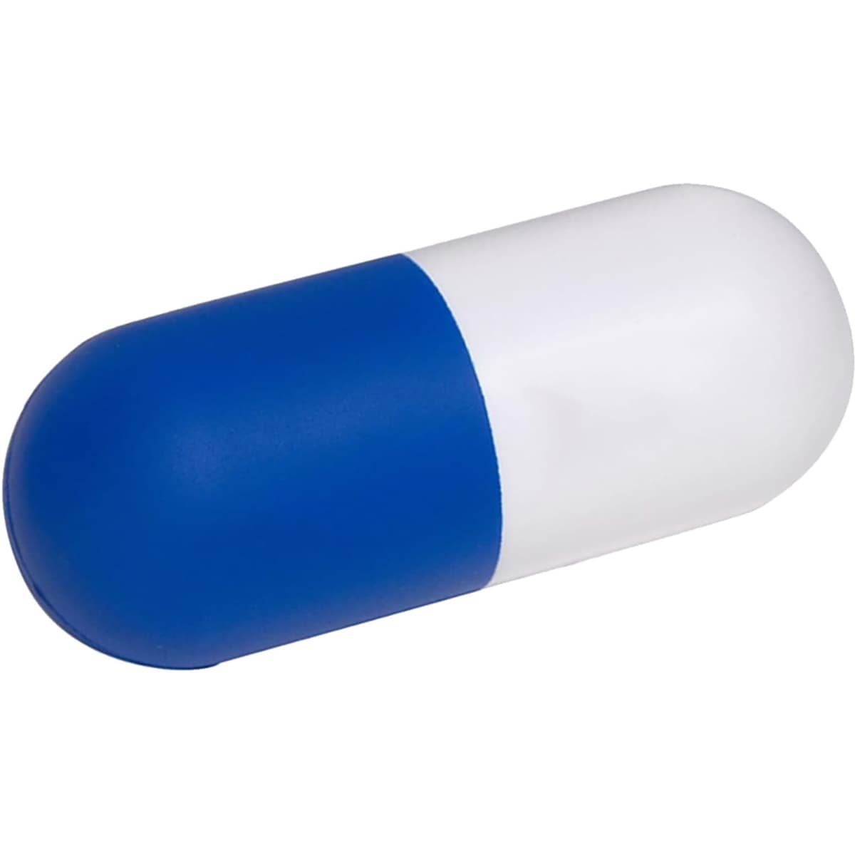 A blue and white capsule-shaped stress relief product with a smooth surface and rounded ends, featuring a logo.