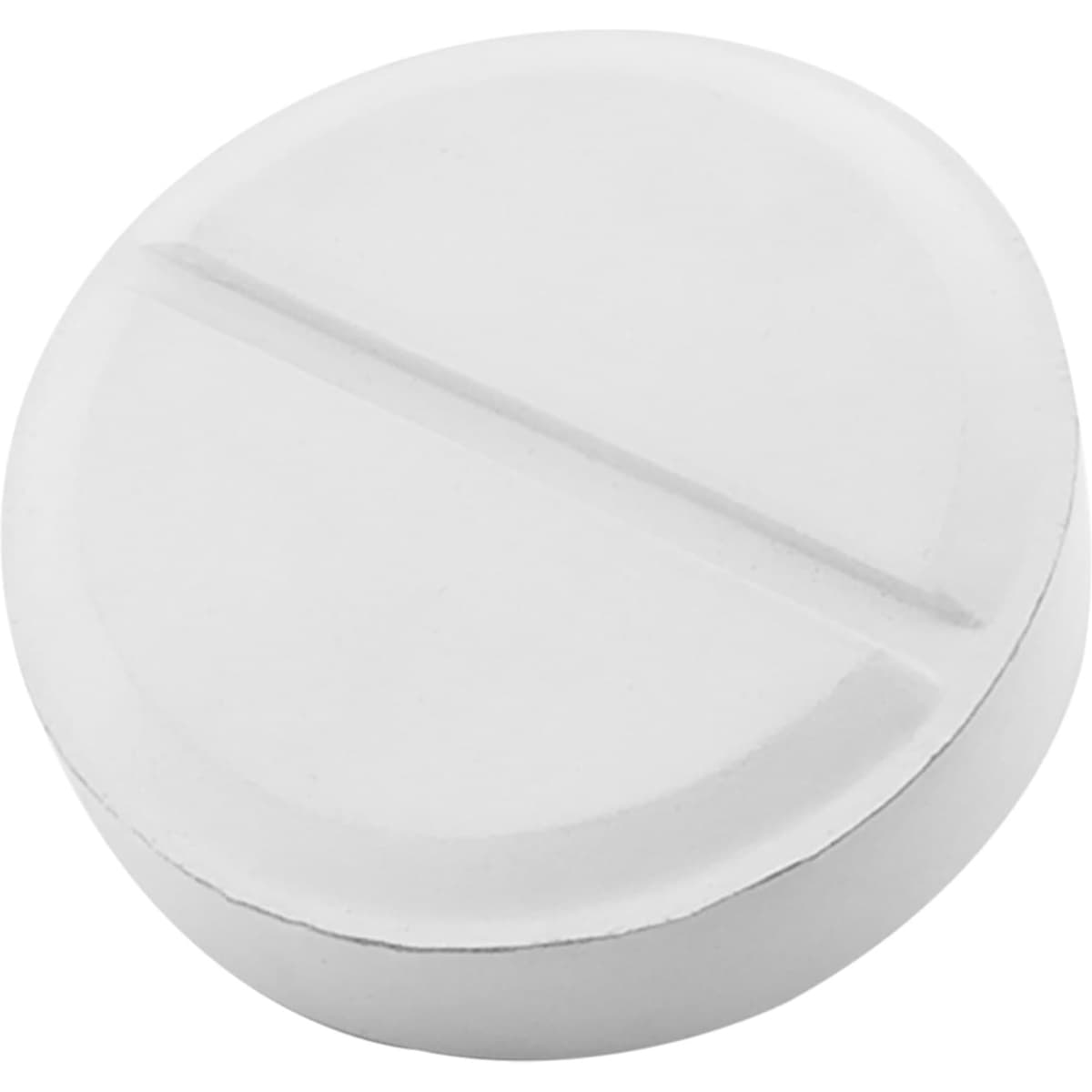 A round, white stress tablet featuring a divided design, resembling a large pill. The product has a simple, clean appearance.