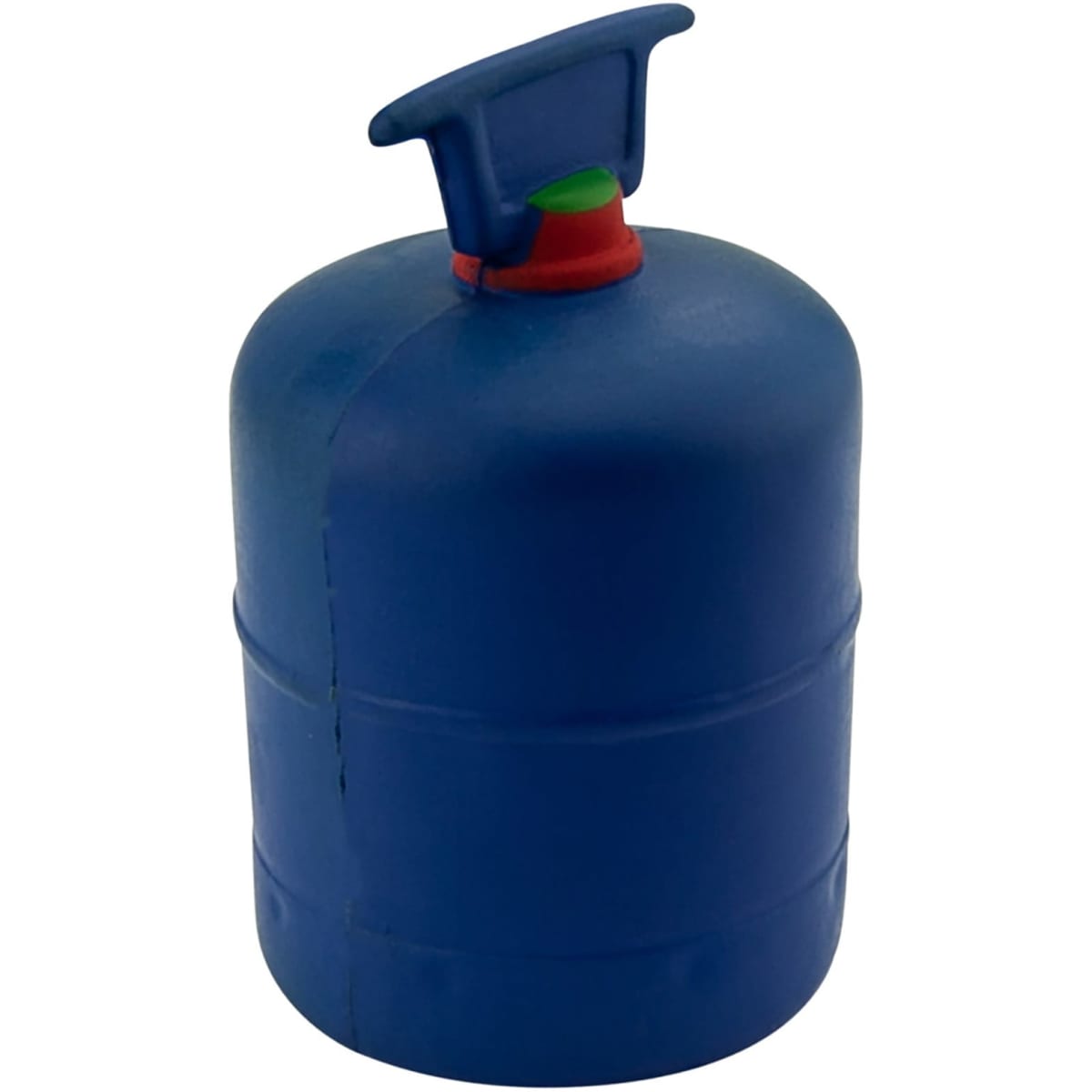 A blue stress gas bottle with a handle and a red and green top. It features a logo on the side.