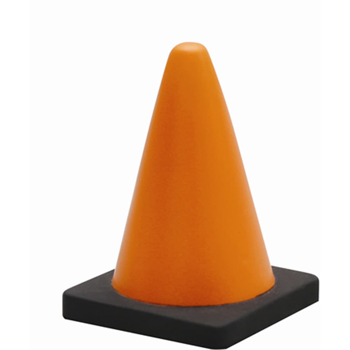An orange stress traffic cone with a black base, designed for fun and relaxation.