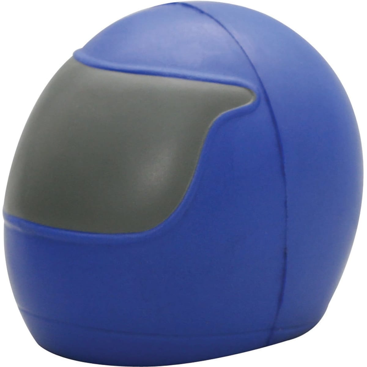 A blue stress helmet with a grey visor, designed for fun and stress relief. It has a smooth, rounded shape.