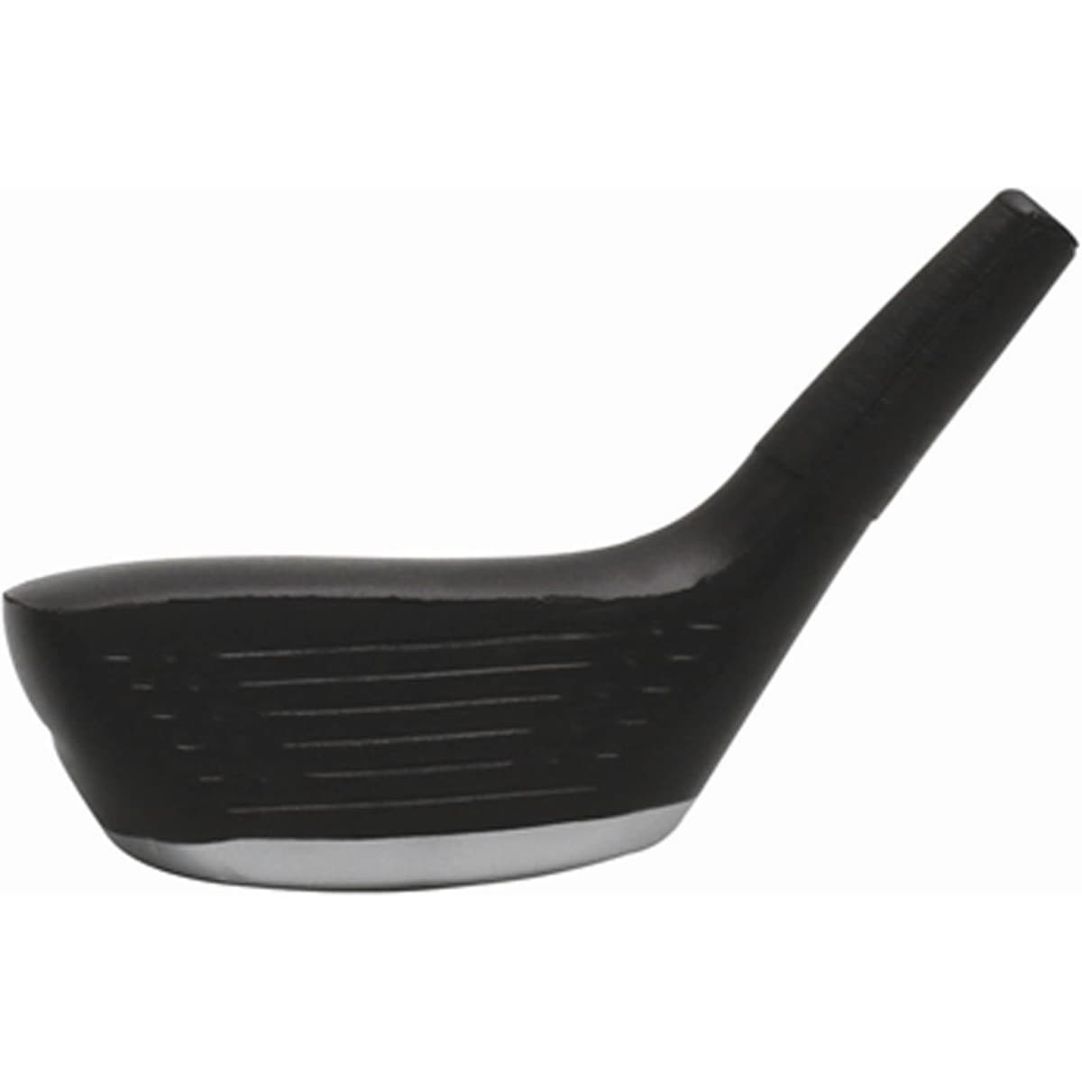 A black stress golf club head with a silver base and textured surface. It has a sleek, ergonomic design.
