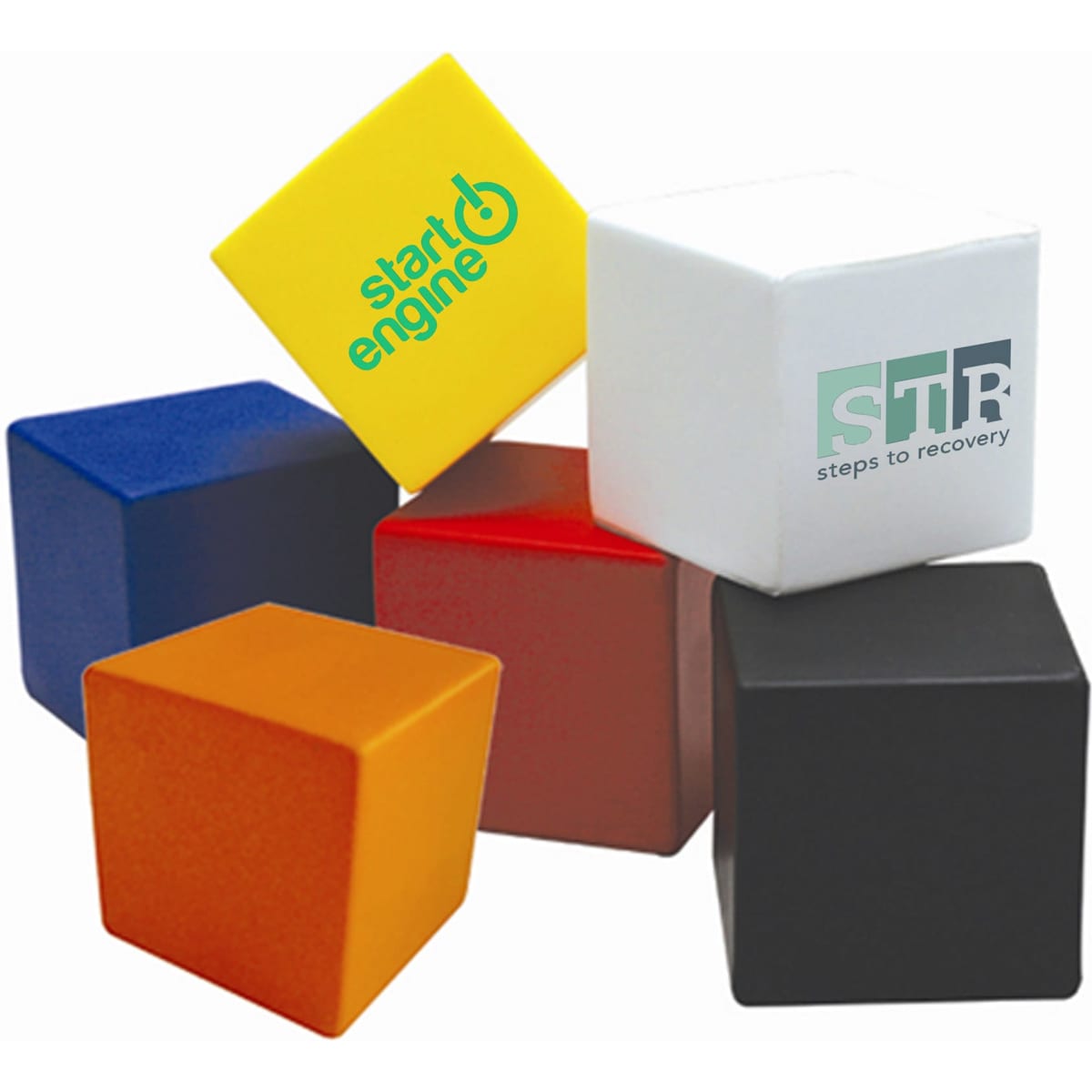 A collection of six stress cubes in yellow, white, blue, red, orange, and black, featuring a logo on some surfaces.