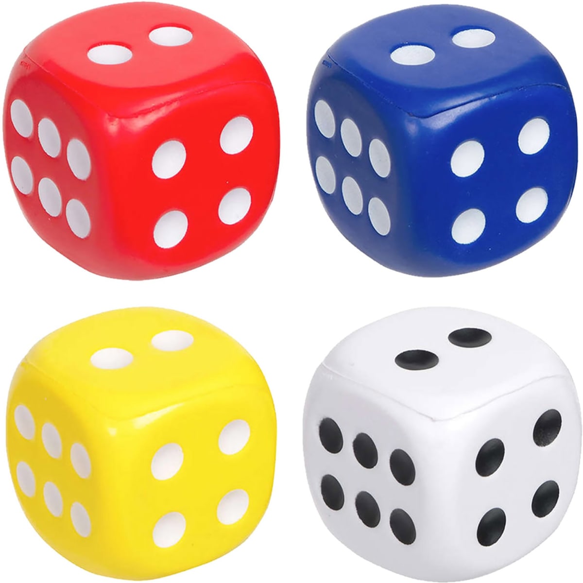 Four small stress dice in red, blue, yellow, and white. Each die features black or white dots and has a logo.