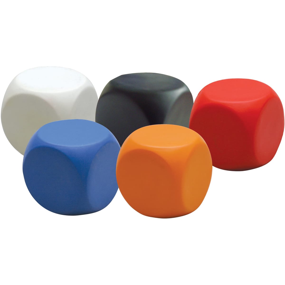 A set of five stress round cubes in red, blue, black, white, and orange, featuring a smooth surface and rounded edges.
