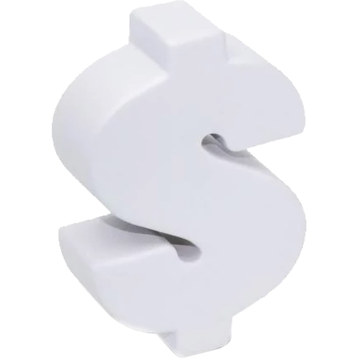 A white stress dollar sign shaped product with a smooth finish, designed for relaxation and fun.