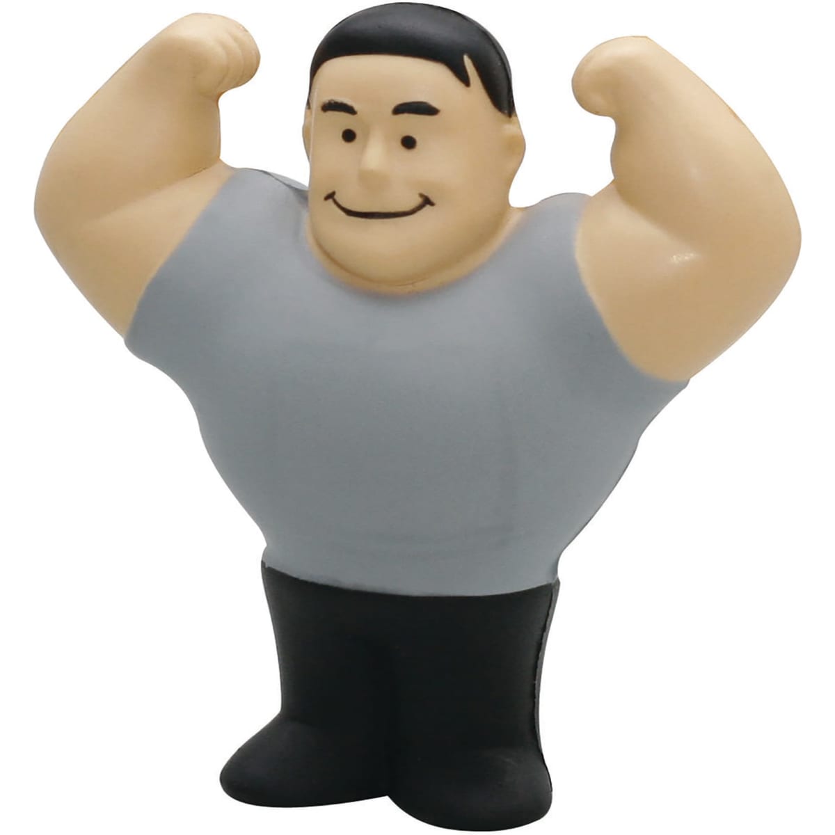 A stress ball figure of a muscular man with a grey shirt and black pants, smiling and flexing his arms.