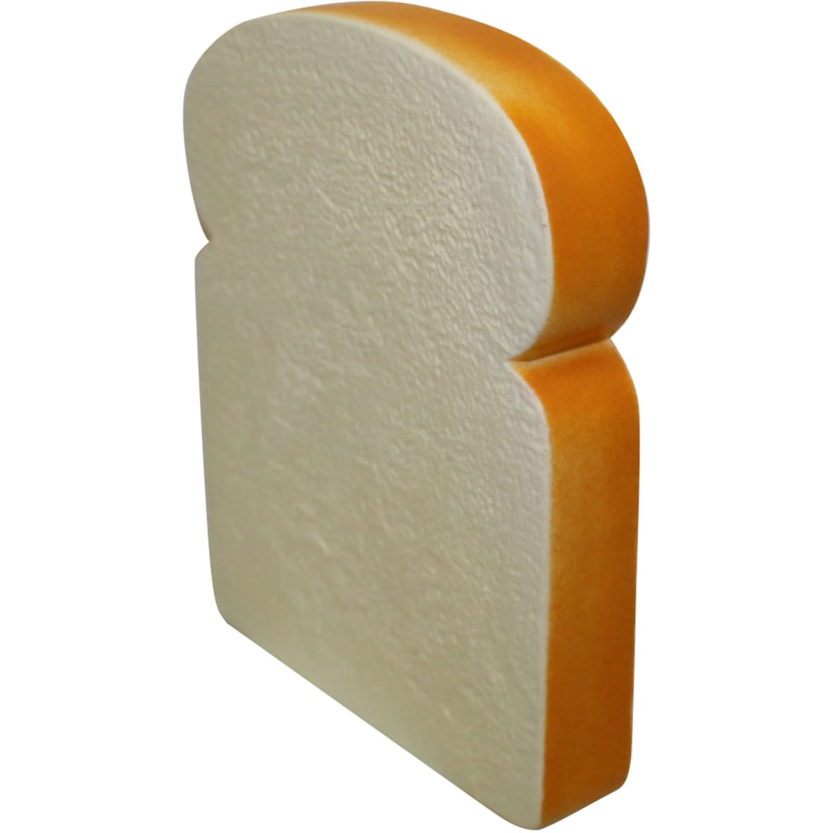 A loaf-shaped stress relief toy in cream and orange, resembling a slice of bread. Features a logo on the side.