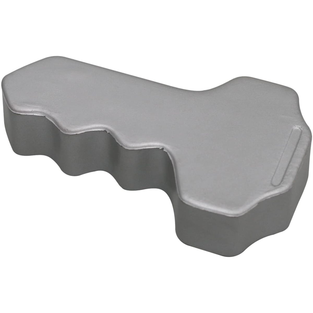 A grey key-shaped stress keyring with a smooth surface and ergonomic design. It has a simple branding logo.