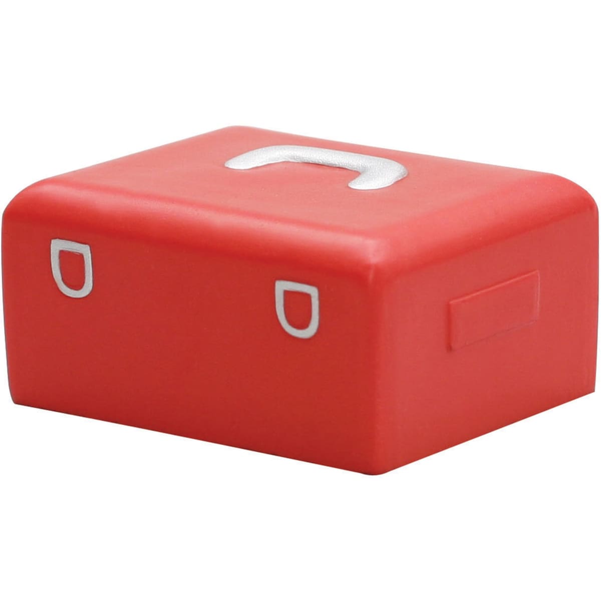 A red stress relief tool box shaped like a mini toolbox, featuring white detailing and a branding logo.