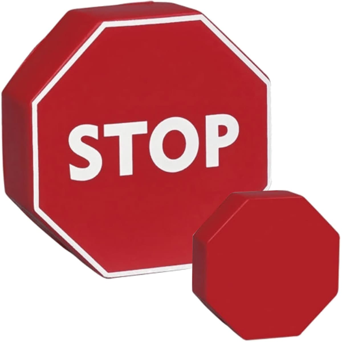 A red octagonal stress toy resembling a stop sign, featuring a smaller companion piece.