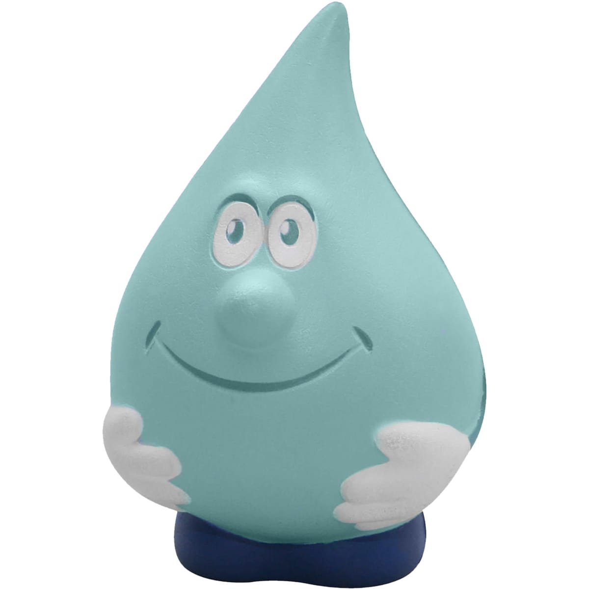 A teal stress toy shaped like a water drop with a smiling face and white hands, sitting on a blue base.