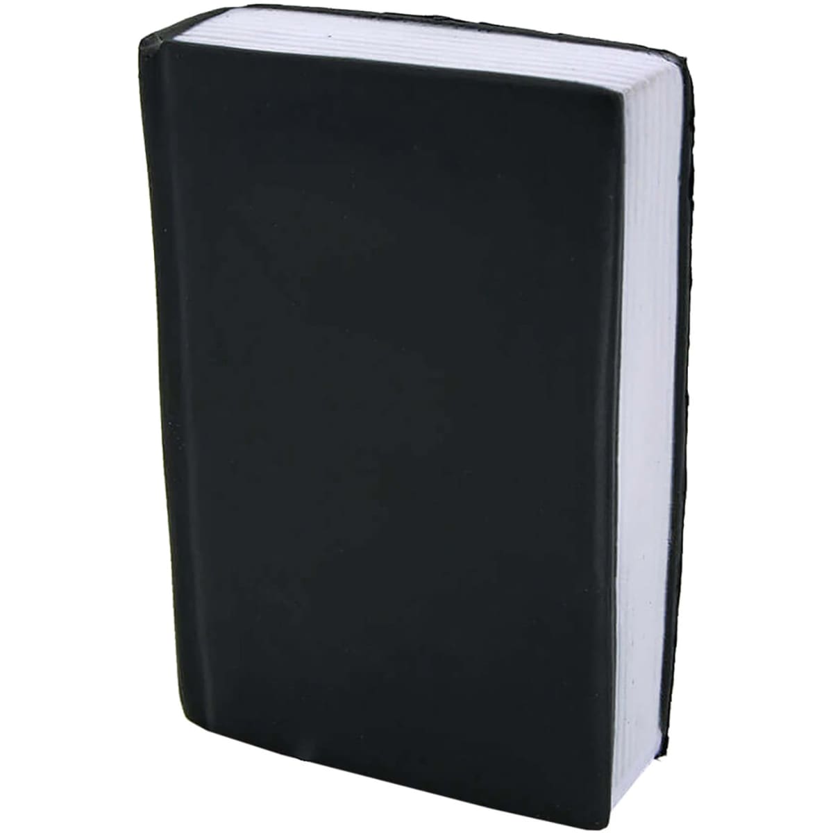 A black stress toy shaped like a book, featuring a textured cover and white pages. It has a logo on the side.