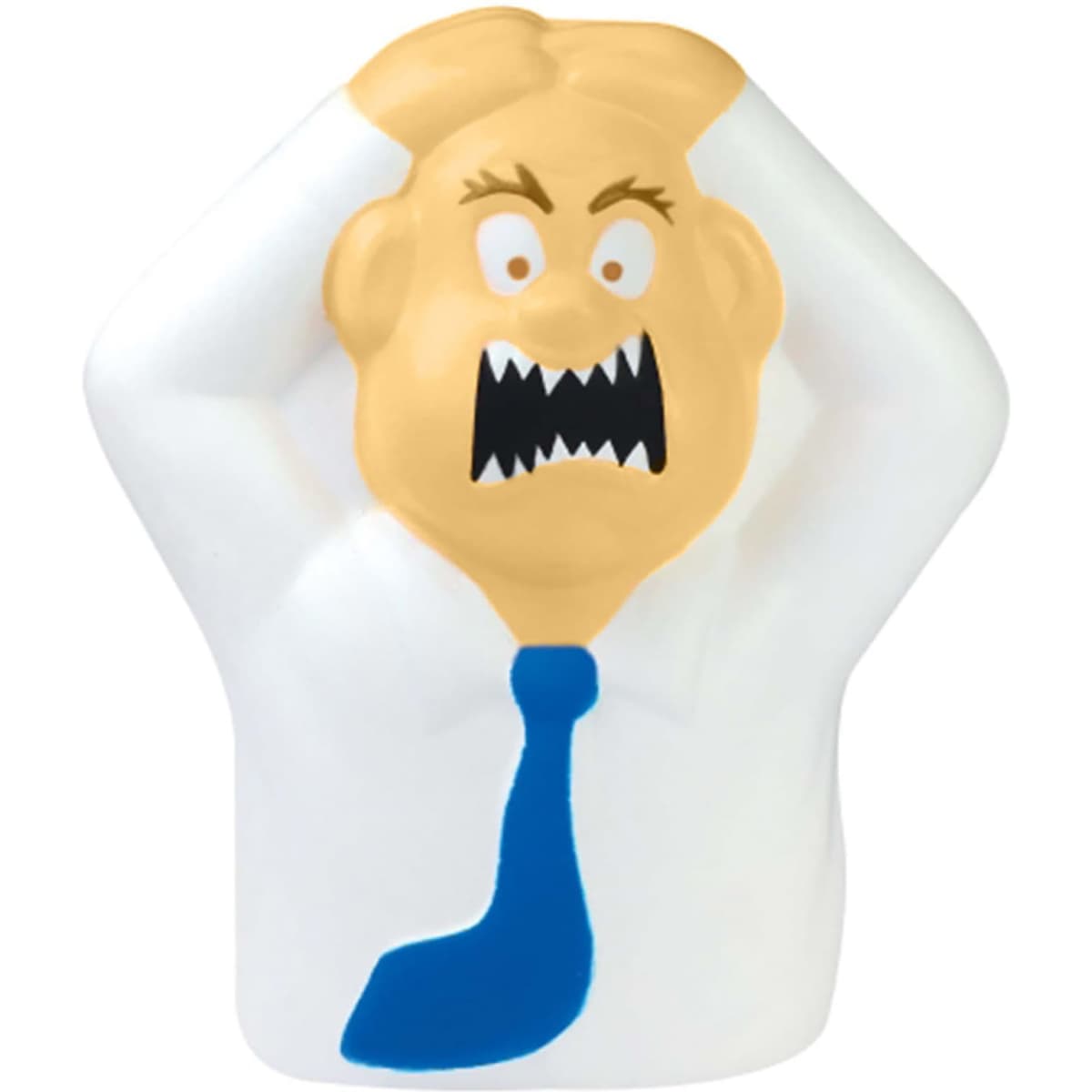 A stress relief figurine in the shape of a frustrated businessman with a blue tie, featuring comedic facial expressions.