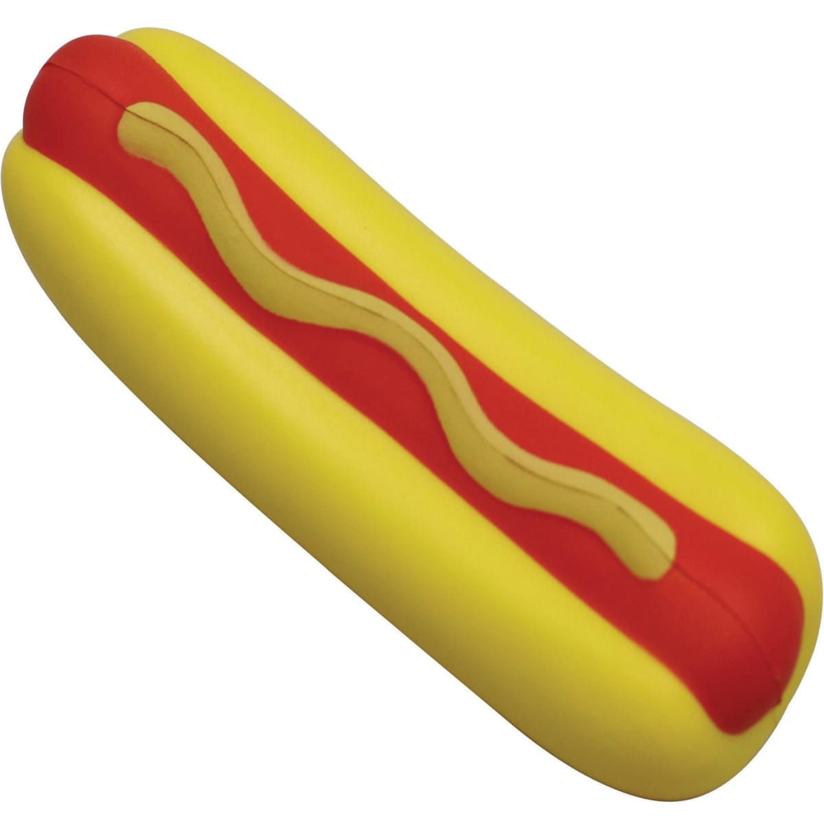 A stress shape in the form of a hot dog, featuring yellow, red, and a squiggly beige line. It has a logo.