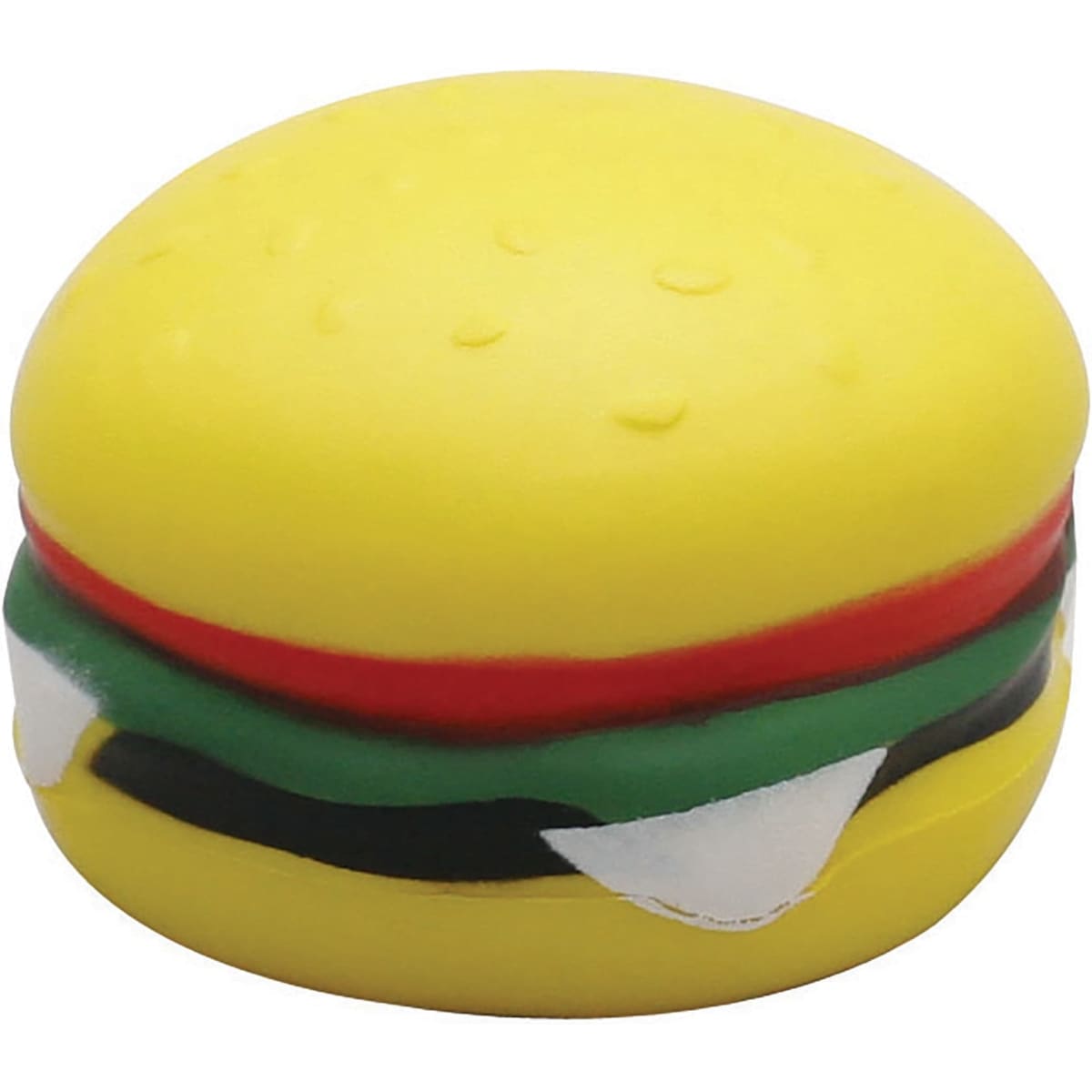 A stress hamburger keyring in yellow with green, red, and black detailing, featuring a smooth finish.