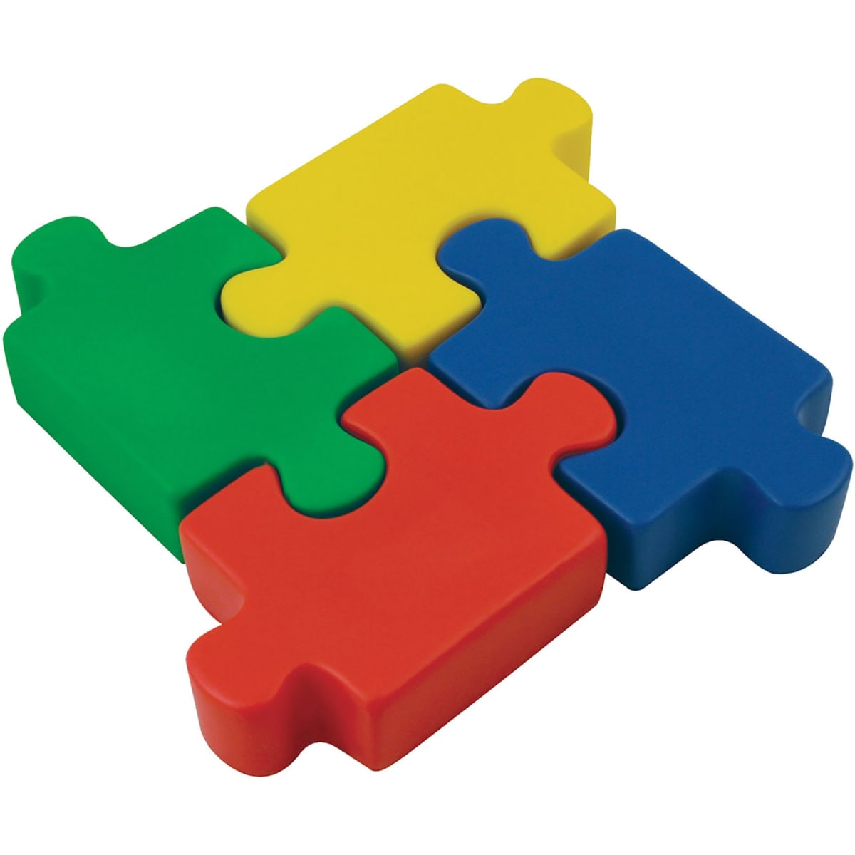 A Stress Jigsaw featuring four interlocking pieces in green, yellow, red, and blue. It has a logo on one piece.