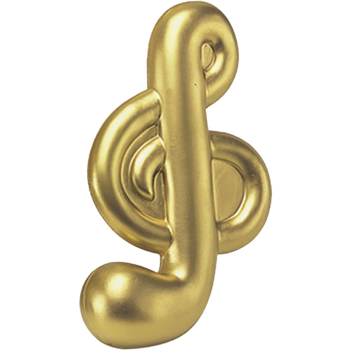 A golden stress relief shape designed like a musical note, featuring a shiny, smooth finish.