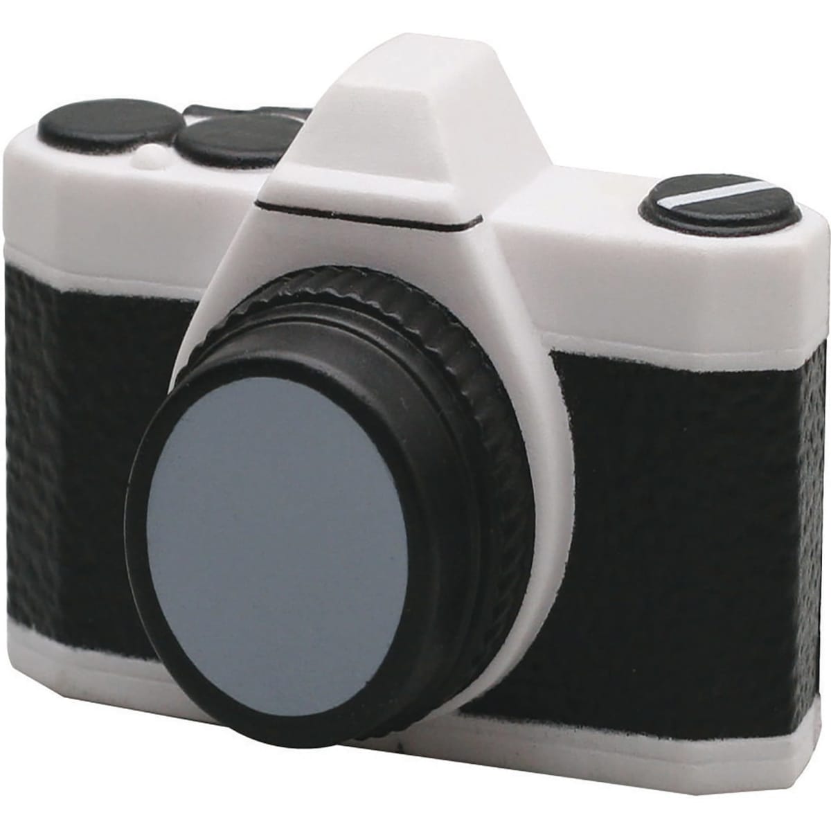 A stress toy shaped like a camera, featuring black and white colours with a round lens. It has a logo on its surface.
