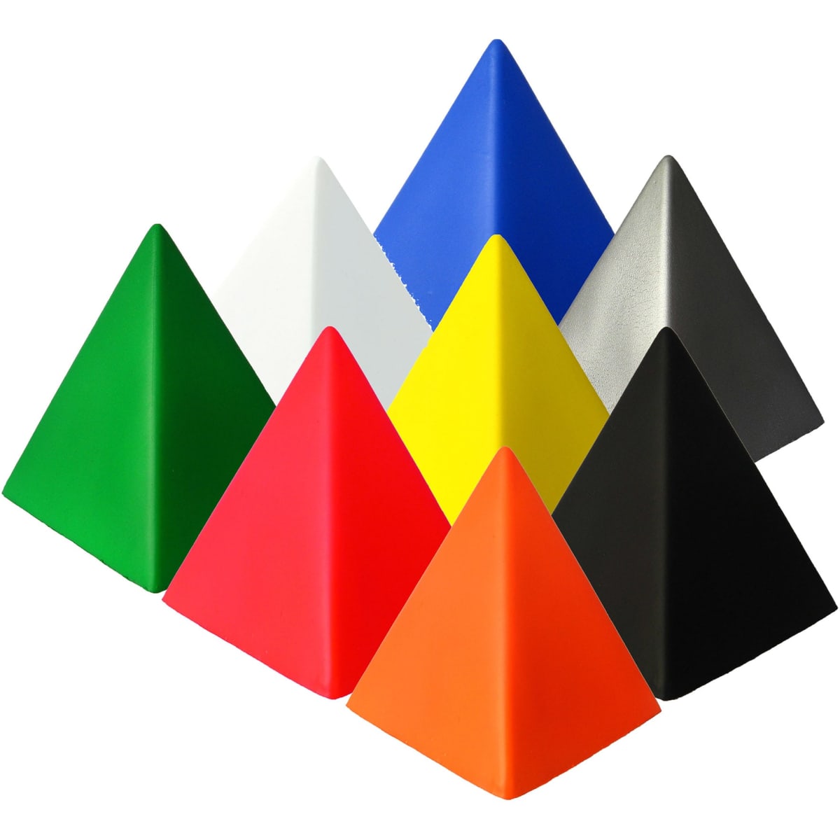 A set of stress pyramids in green, red, orange, yellow, blue, white, black, and silver. They feature a logo.