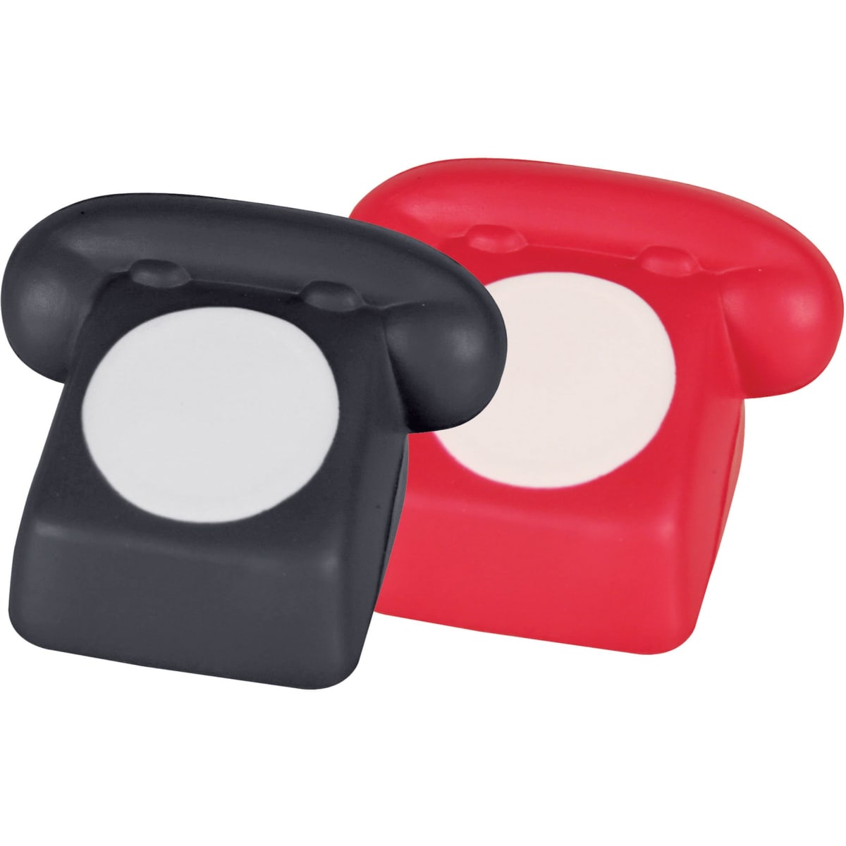 A red and black stress telephone shaped toy with a smooth surface and rounded edges. It features a central white area.
