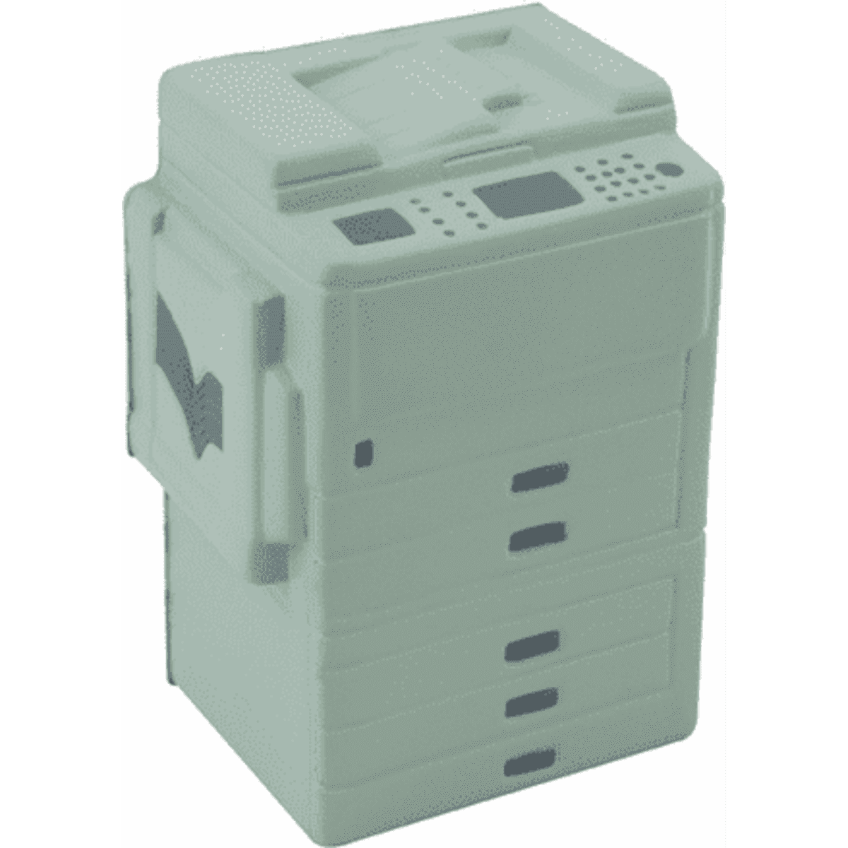 A light grey stress photocopier toy featuring realistic details, buttons, and multiple stacked drawers.