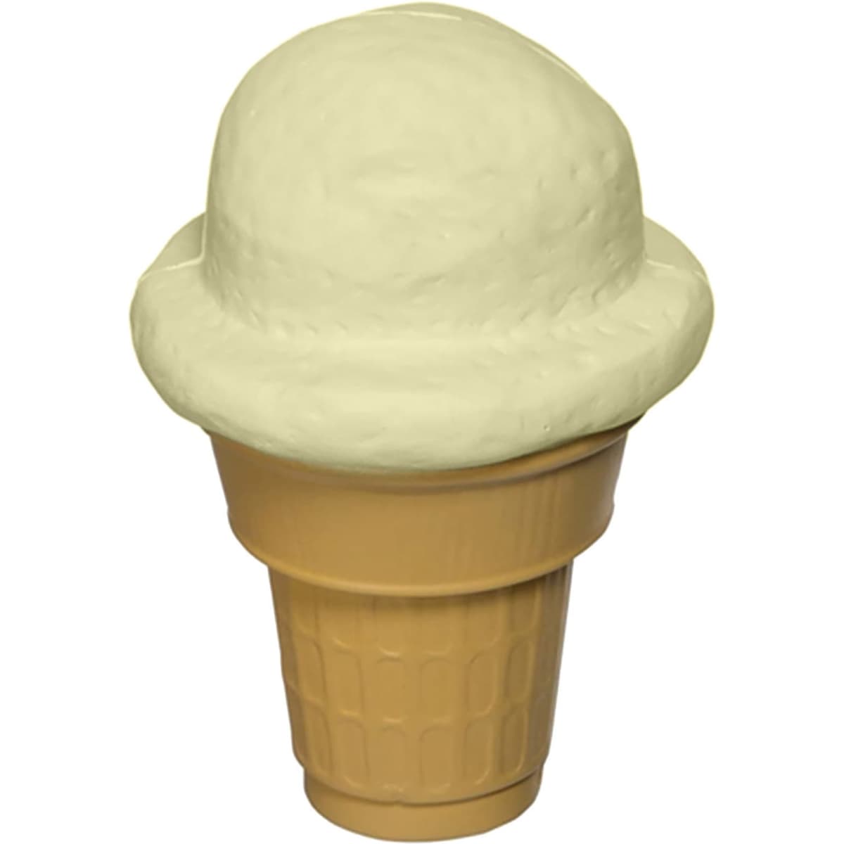 A stress toy shaped like a scoop of ice cream in light green atop a beige cone. It features a small logo.