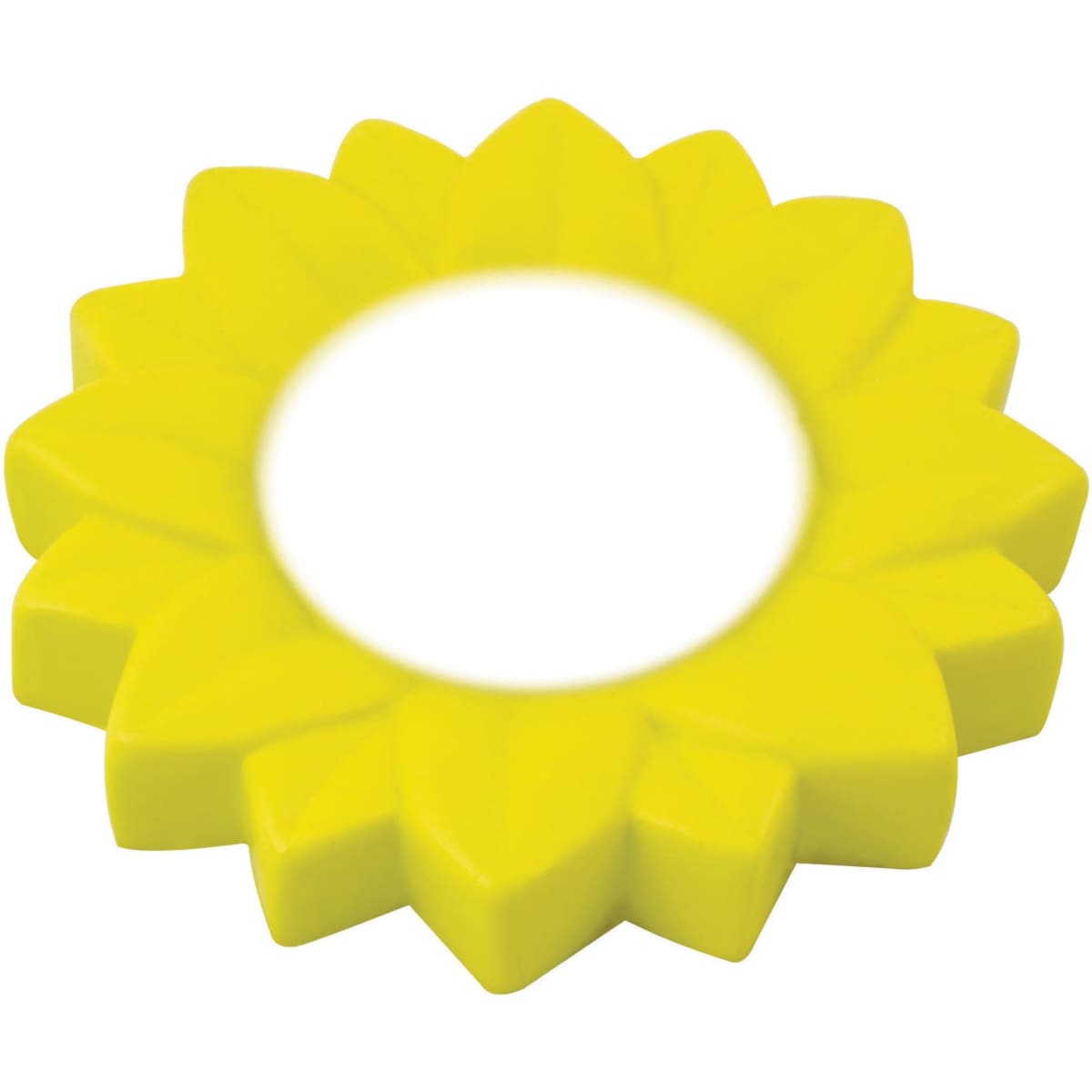 A vibrant yellow stress flower shaped toy with a central circular opening, resembling a sunflower.