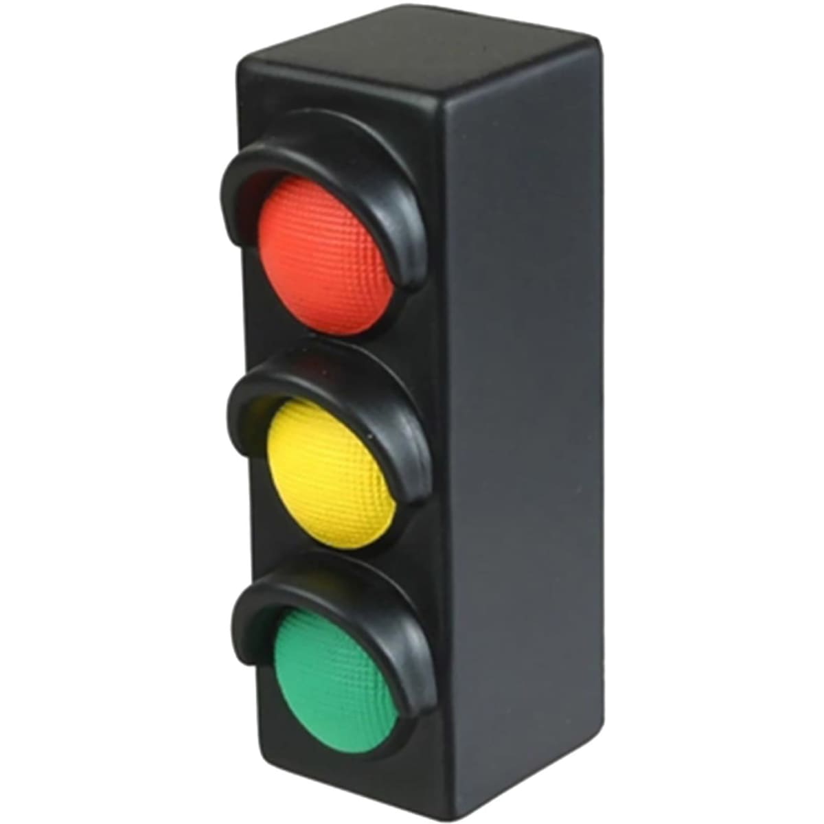 A stress traffic light toy in black with red, yellow, and green buttons for squeezing. Features a logo.