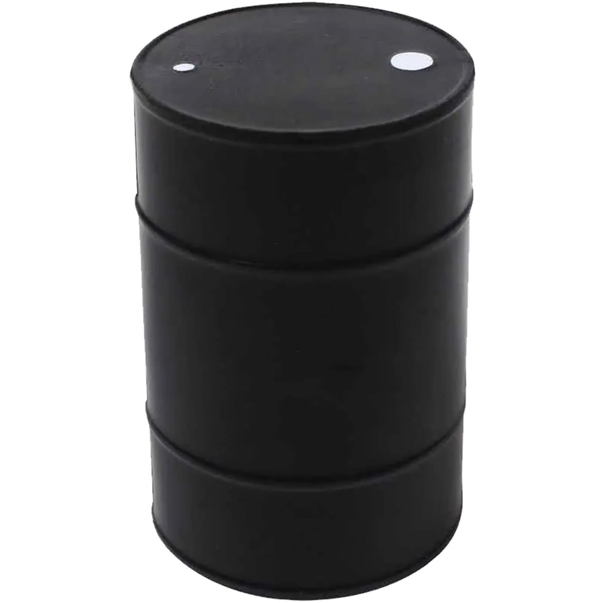 A black stress oil drum featuring a cylindrical shape with two circular details on top and a branded logo.