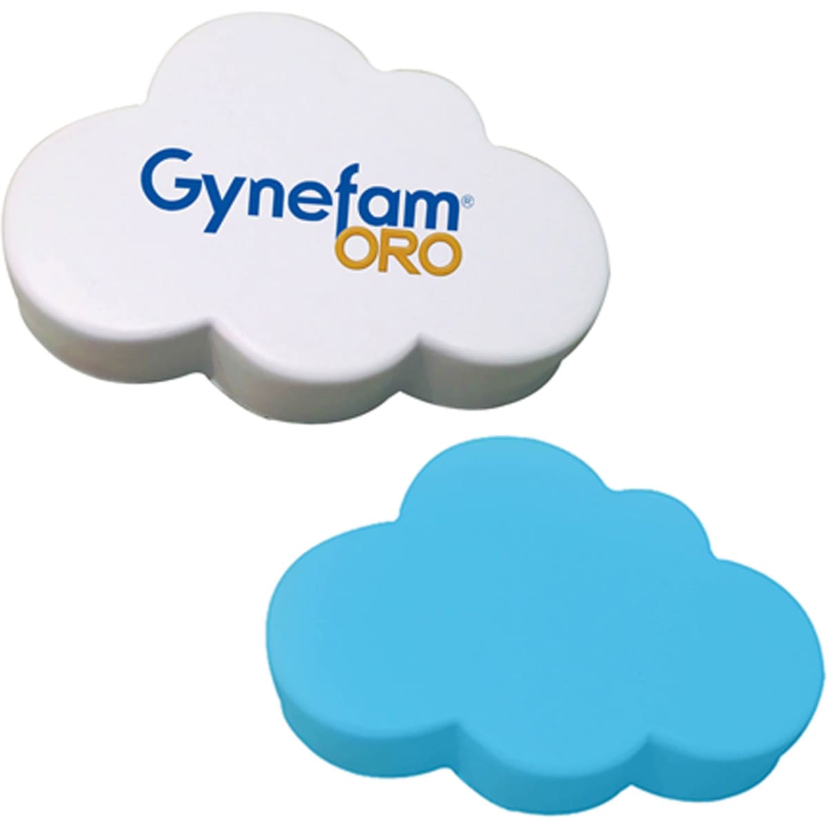 A white and blue stress cloud shape with a logo on the white side. Both are soft and squishy.